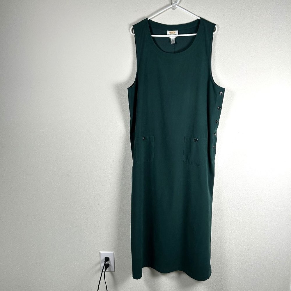 Talbots Bib Overalls Maxi Dress Size L Green‎ Pocket Side Button Y2K Modest